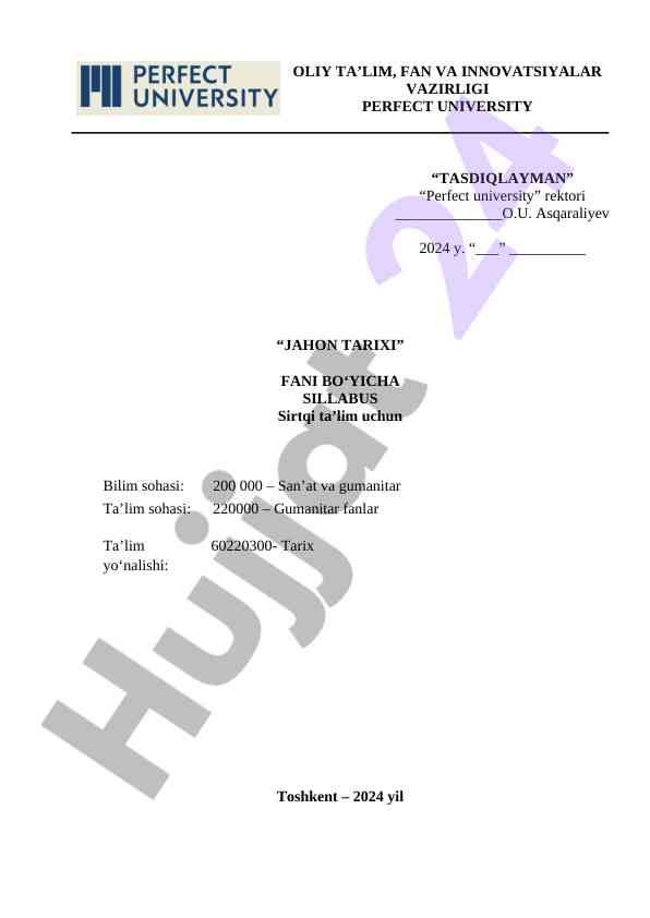 Jahon tarixi faniga oid sillabus taqdimoti