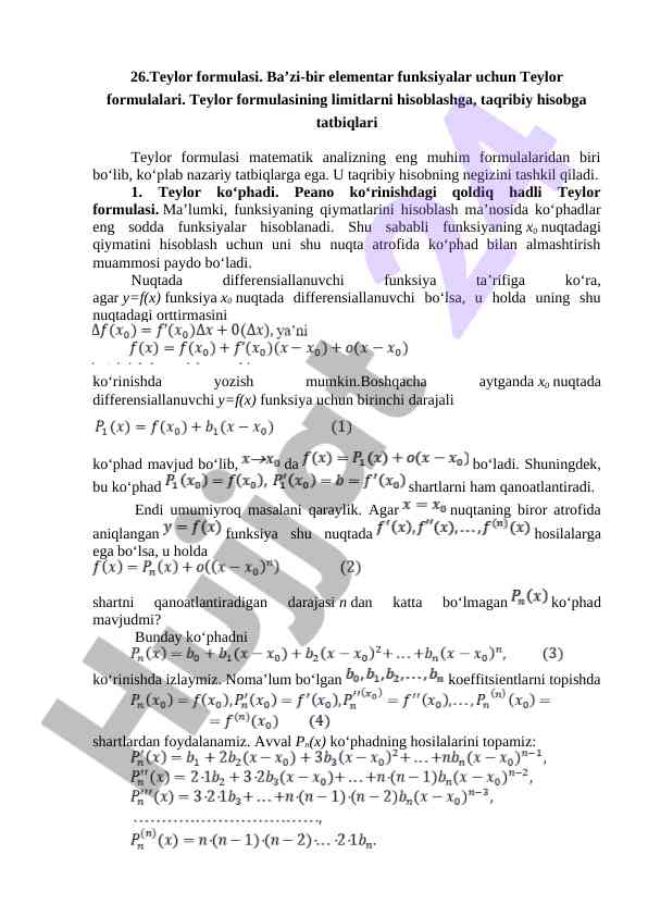 Teylor Formulasi Va Uning Taqribiy Hisoblari