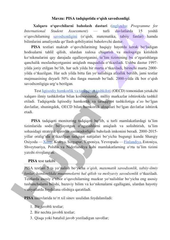 Pisa tadqiqotida o‘qish savodxonligi baholash