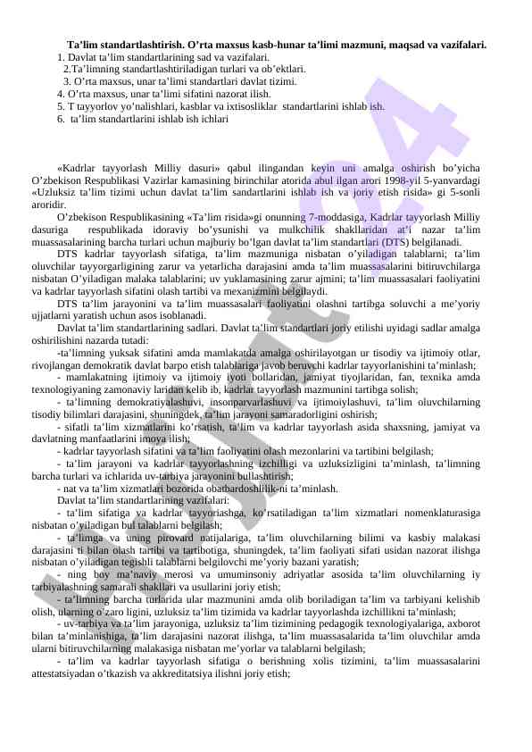 O’rta maxsus ta’lim standartlarini tahlil qilish