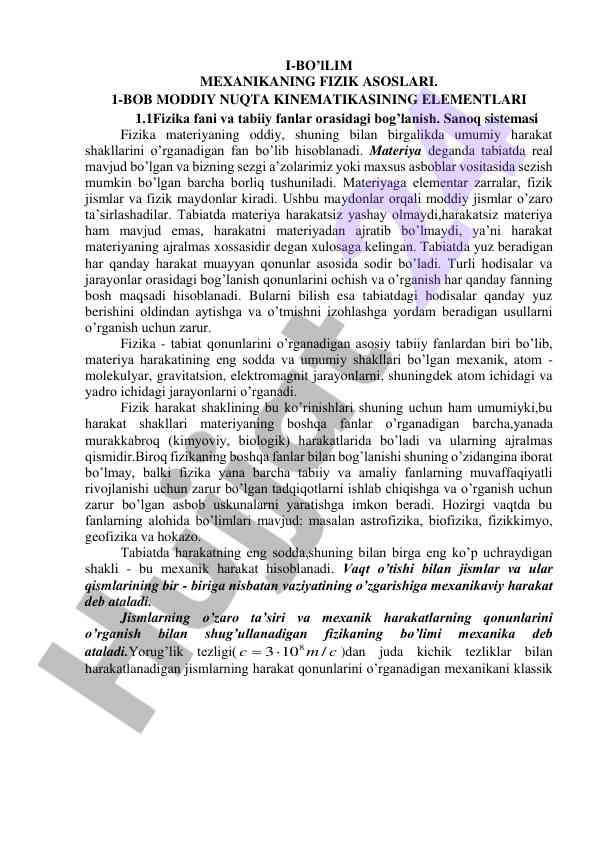 I-bo’llim mexanikani fizik asoslari kinematikasi