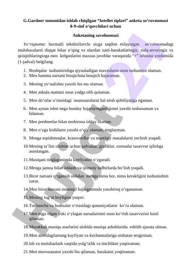 Intellet tiplari anketasi 8-9-sinflar uchun