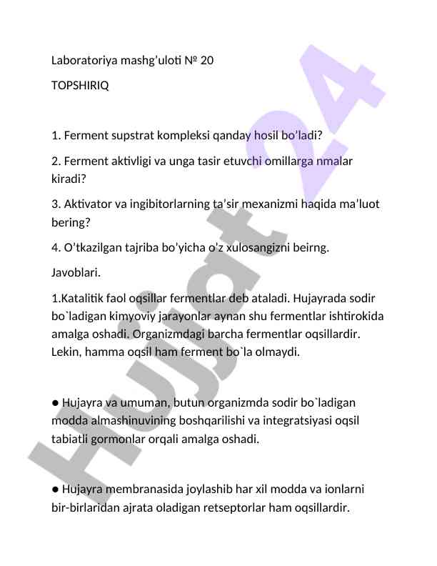 Fermentlar va ularning faoliyati haqida tadqiqot