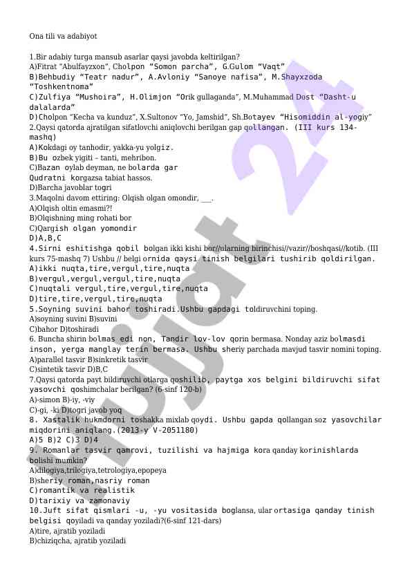 Ona Tili Va Adabiyot Test Savollari