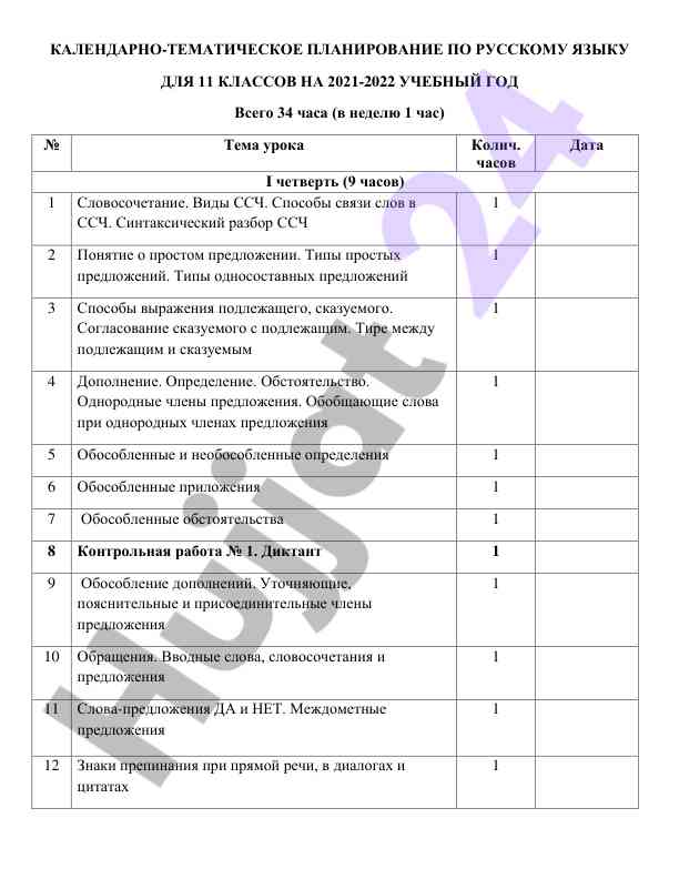 Kalendarno-tematicheskoe planirovanie po russkomu yazyku