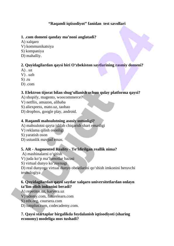Raqamli iqtisodiyot fanidan test savollari