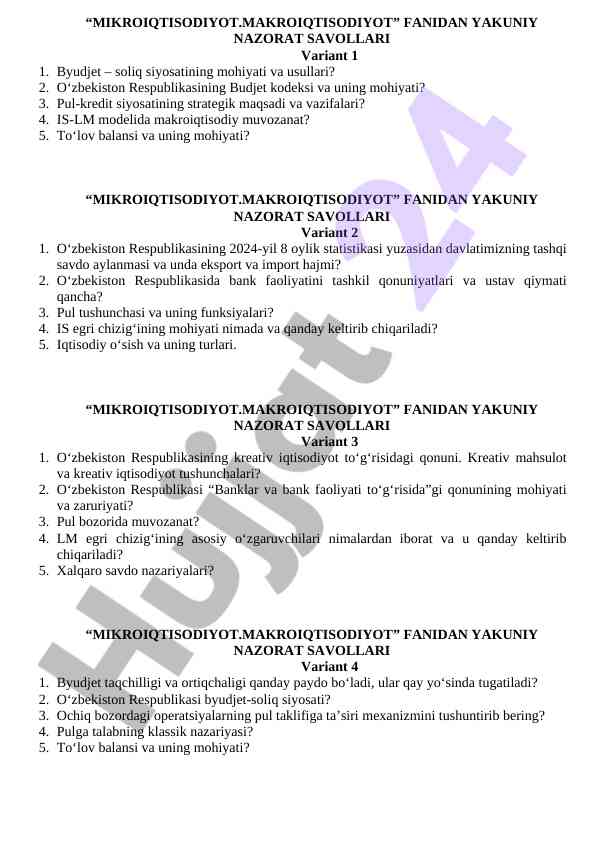 Mikroiqtisodiyot va makroiqtisodiyot yakuniy nazorat savollari