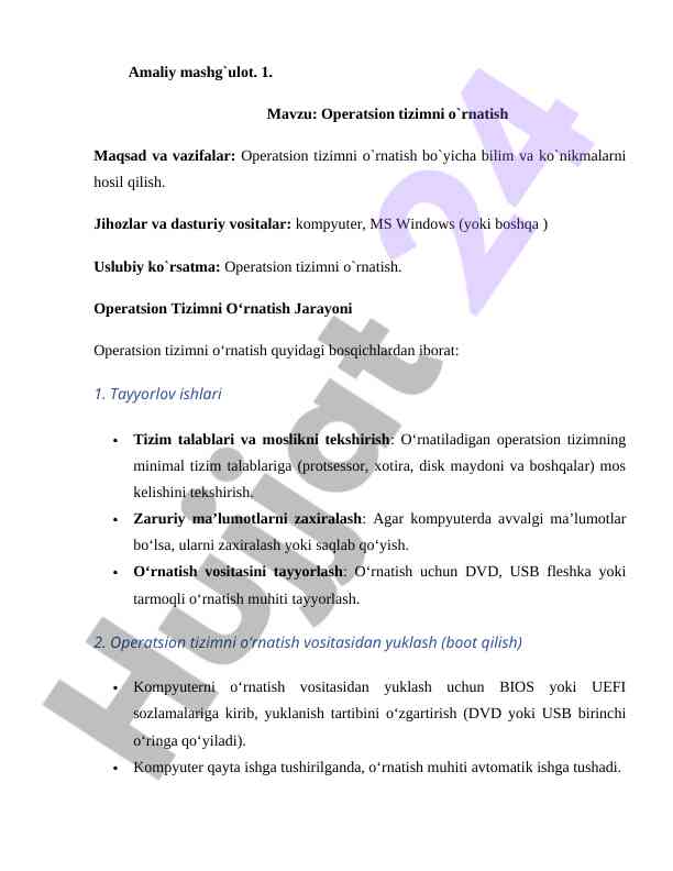 Operatsion tizimni o‘rnatish jarayoni