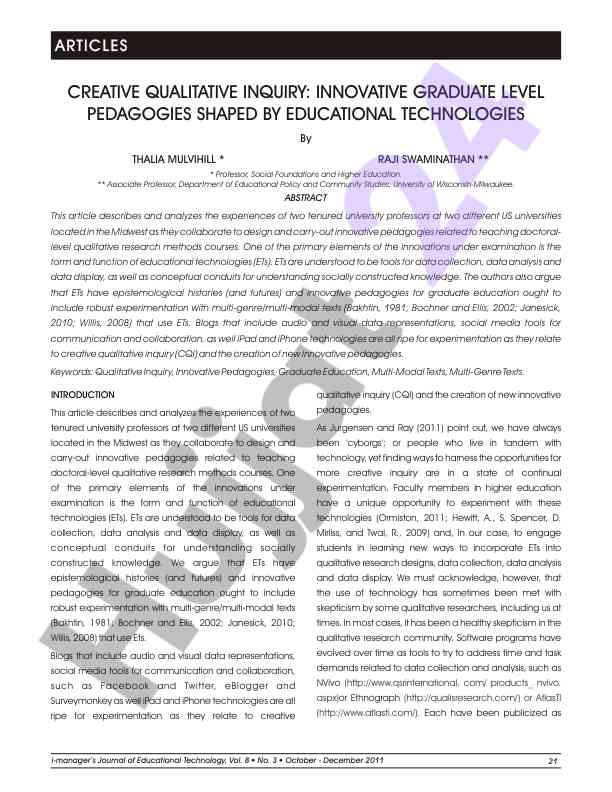 Creative qualitative inquiry in graduate education pedagogies