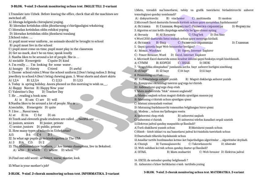9-sinf ingliz tili monitoring test varianti 2