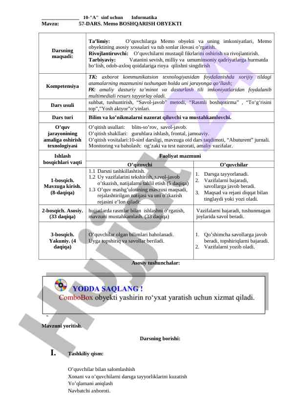 Informatika darsi 10-a sinf uchun yozilgan mavzu