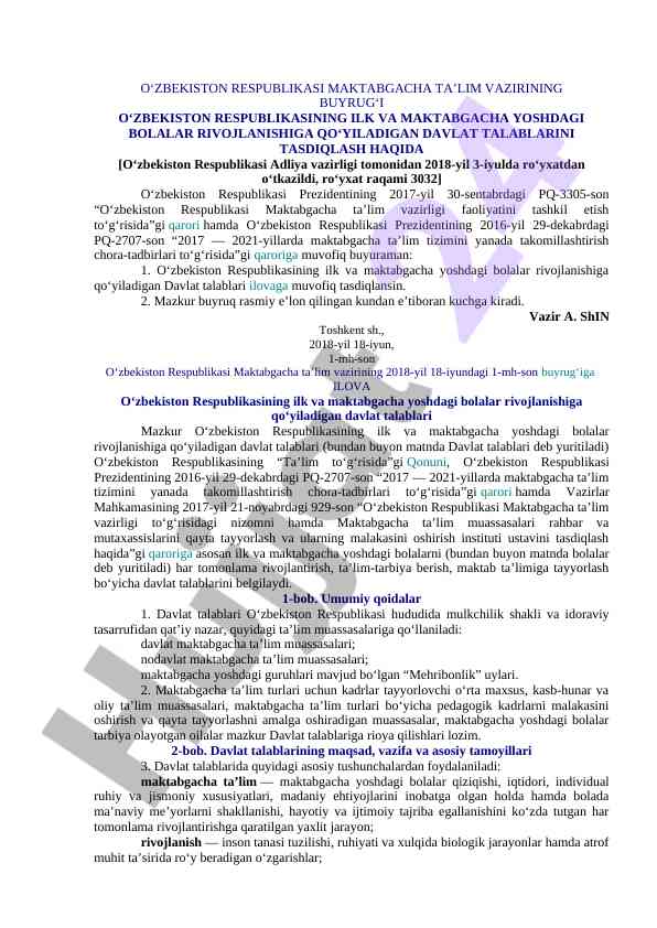 O‘zbekiston respublikasi maktabgacha ta’lim vazirligi buyrug‘i