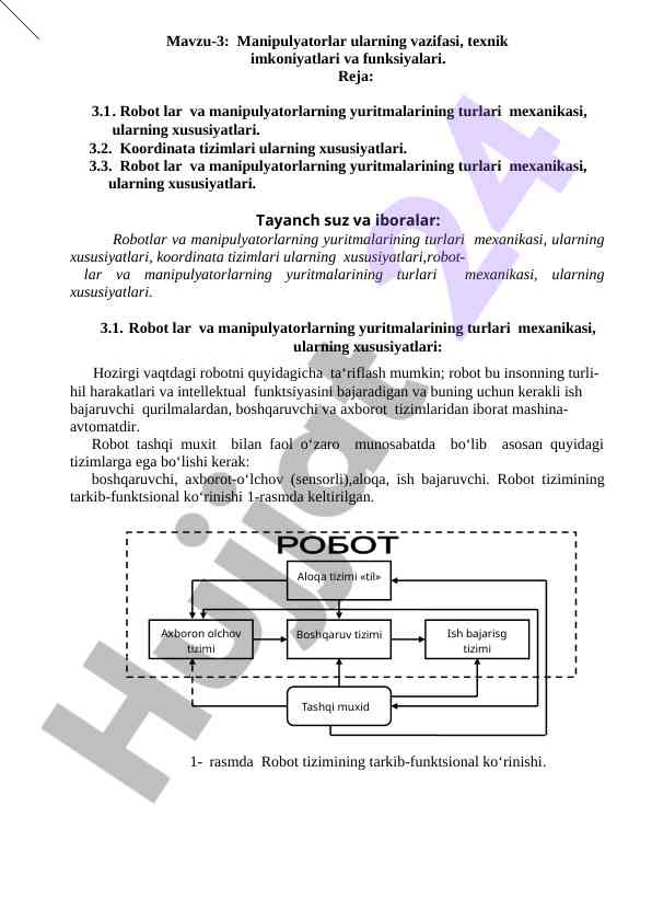Manipulyatorlar vazifalari va texnik imkoniyatlari