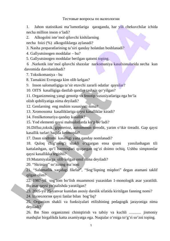 Valeologiya bo'yicha test savollari