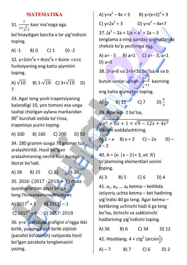 Matematika testi: funksiya va tenglamalar