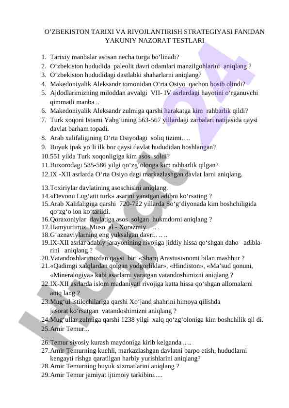 O‘zbekiston tarixi va rivojlantirish strategiyasi testlari
