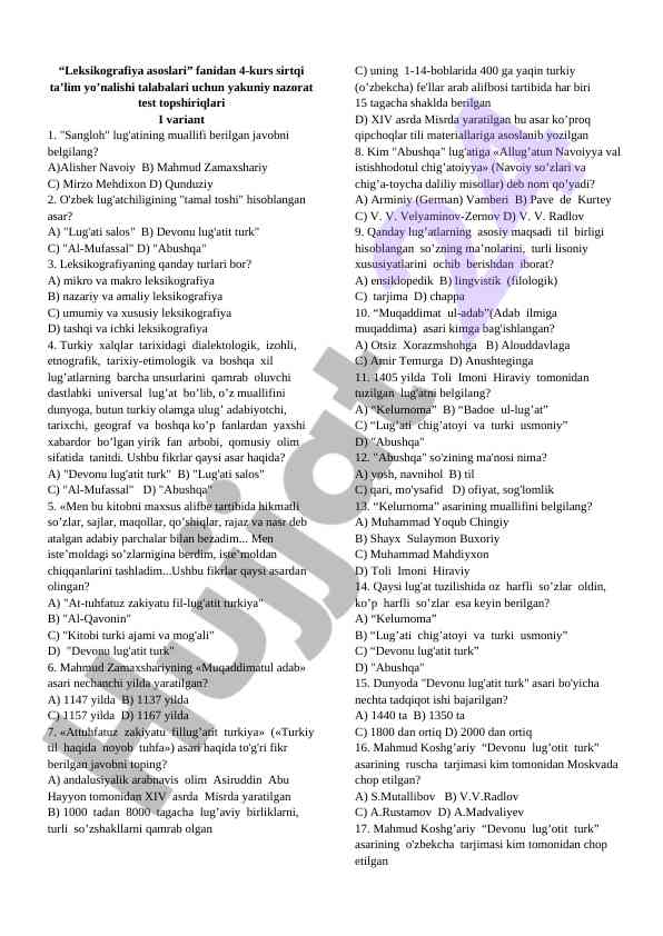 Leksikografiya asoslari yakuniy nazorat test topshiriqlari