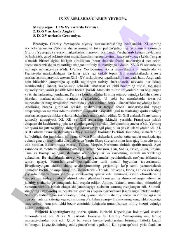 Ix-xv asrlarda g'arbiy yevropa tarixi ve rivojlanishi