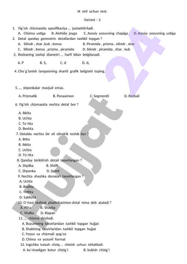 Ix sinf uchun test variant – 2
