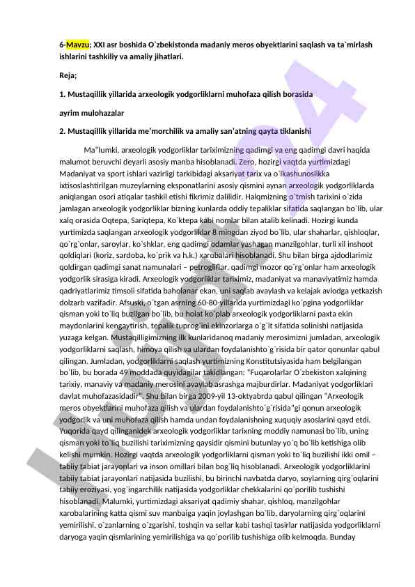 O’zbekistonda madaniy merosni saqlash ishlari