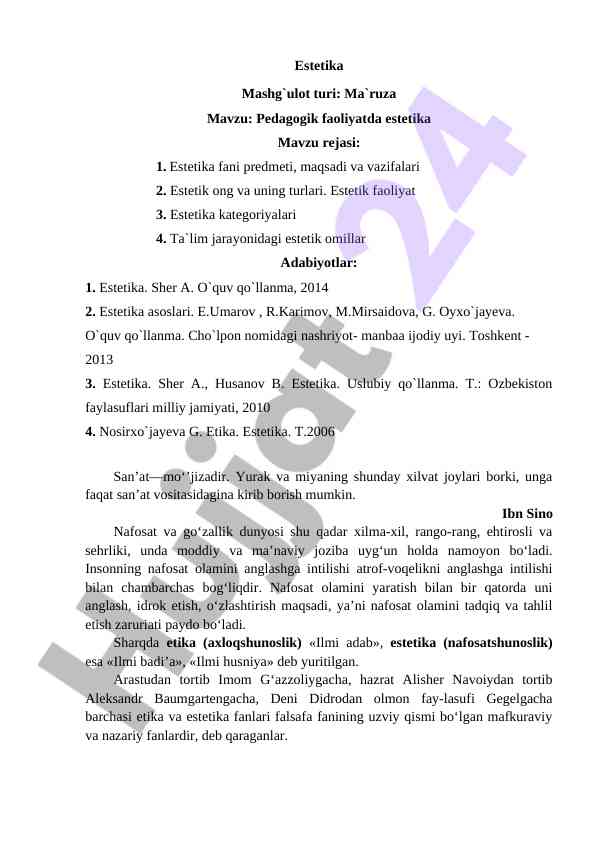 Pedagogik faoliyatda estetika mavzusi va rejasi