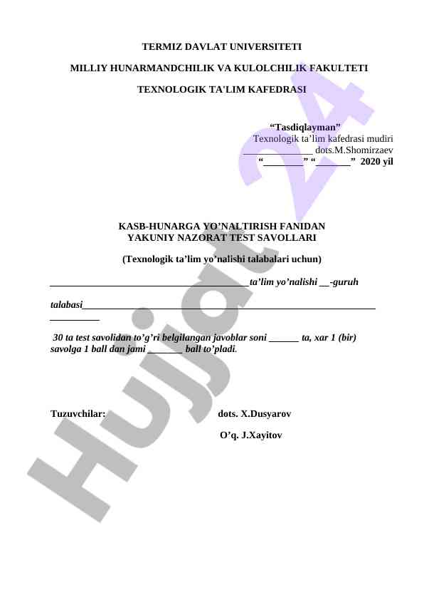 Kasb-hunarga yo'naltirish fanidan yakuniy nazorat testlari