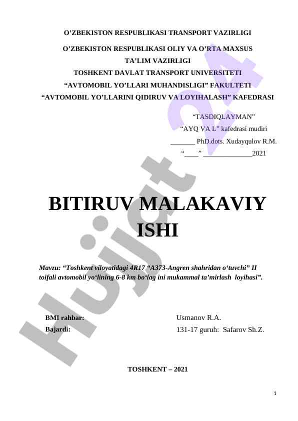 Mukammal ta'mirlash loyiha avtomobil yo'lida