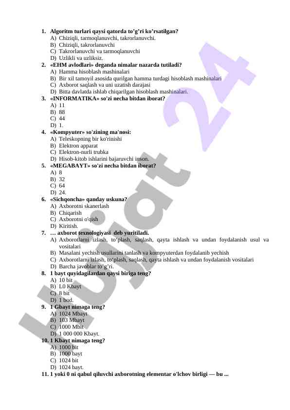 Axborot texnologiyalari testlari