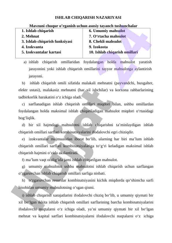 Ishlab chiqarish nazariyasi va mahsulot jarayoni