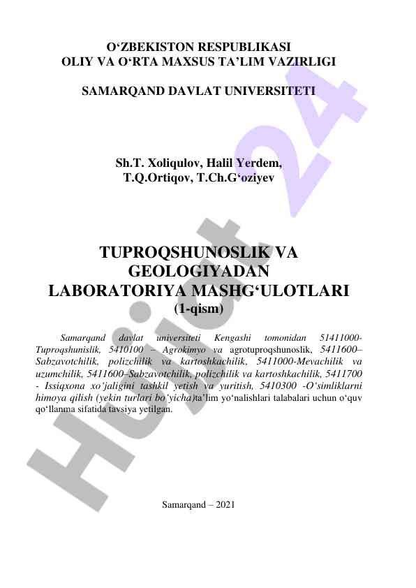 Tuproqshunoslik va geologiyadan laboratoriya mashg‘ulotlari