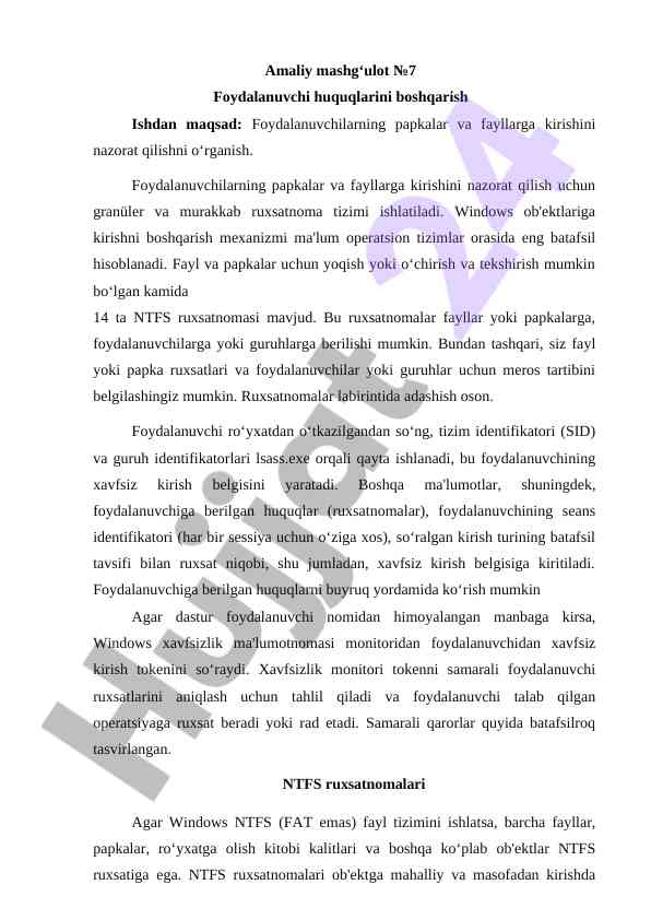 Foydalanuvchi huquqlarini boshqarish mexanizmi