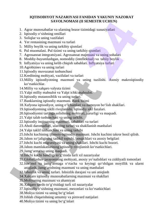 Iqtisodiyot nazariyasi fanidan yakuniy nazorat