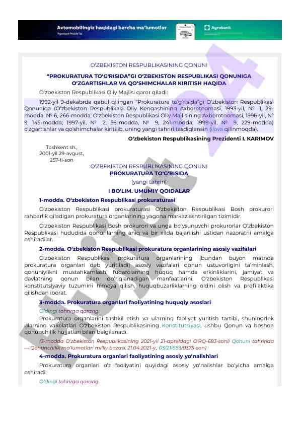 O'zbekiston respublikasi qonuni prokuratura to'g'risida