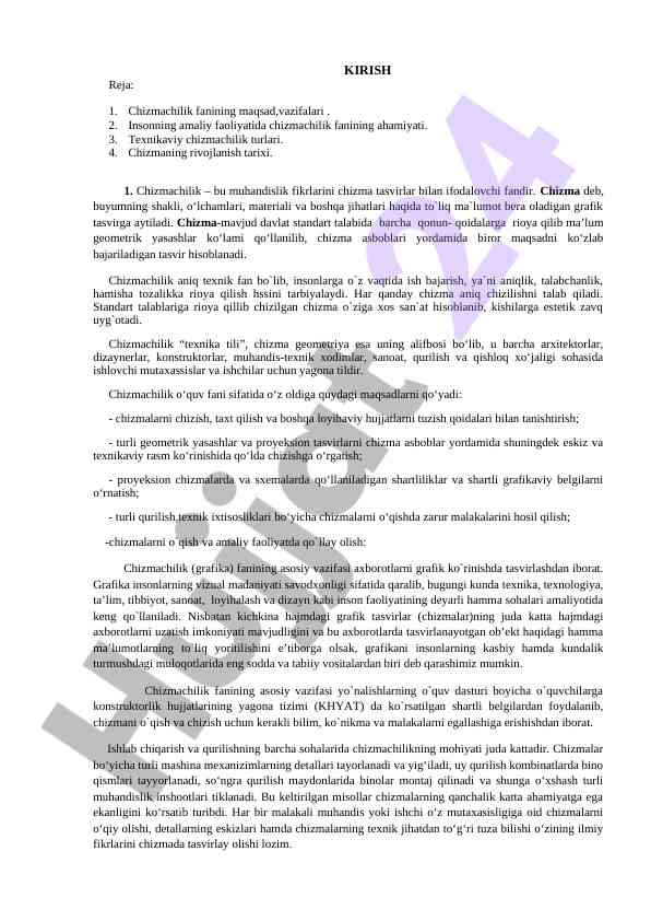 Chizmachilik fanining asosiy maqsad va vazifalari