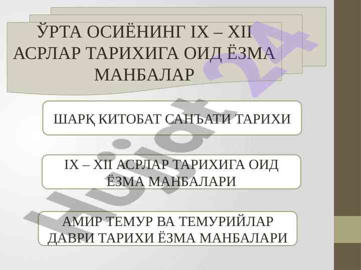 Ўрта осиёнинг ix – xii асрлар тарихи бўйича ёзма манбалар