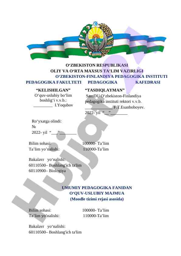 Umumiy pedagogika fanidan o‘quv-uslubiy majmua