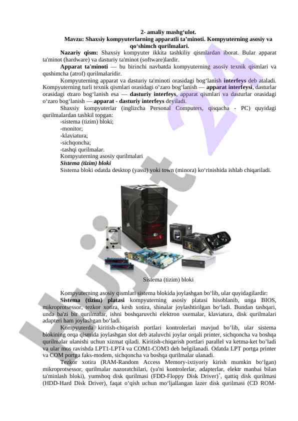 Shaxsiy kompyuterlarning apparati ta’minoti