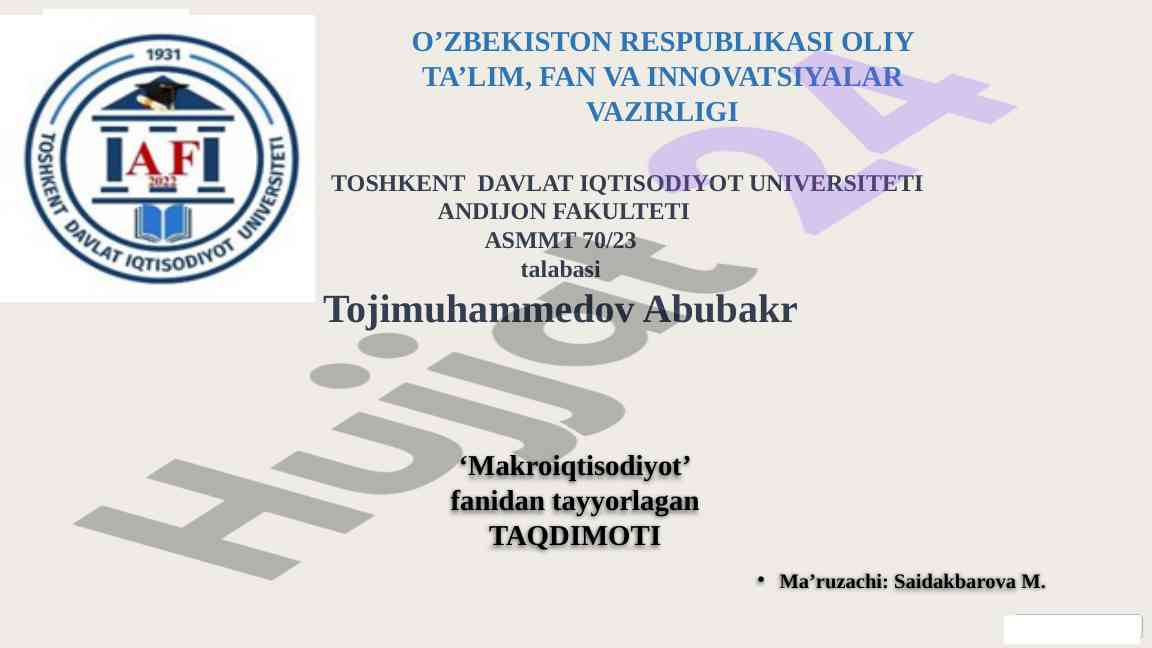 Iqtisodiy o'sish modellari taqdimoti