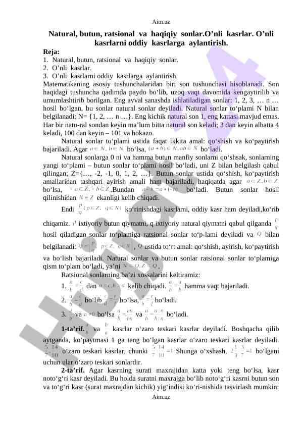 Natural sonlar va o’nli kasrlar tushunchalari