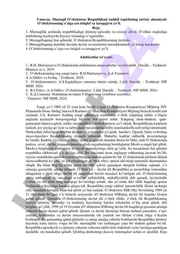 Mustaqil o’zbekiston tarixi va taraqqiyot yo’li