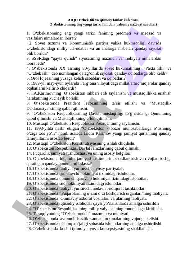 O‘zbekistonning eng yangi tarixi fanidan savollar