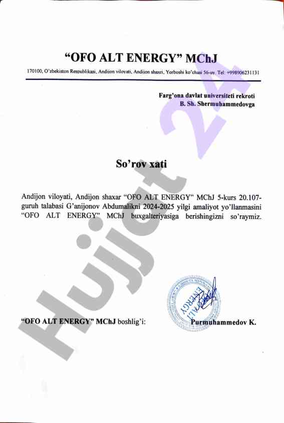 Amaliyot yo'llanmasi talabasi so'rov xati
