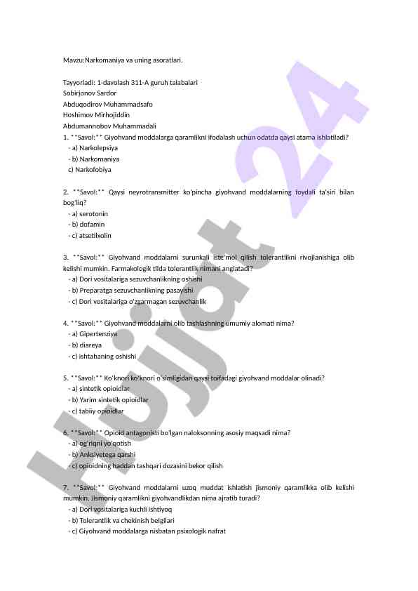 Narkomaniya va uning asoratlari testi