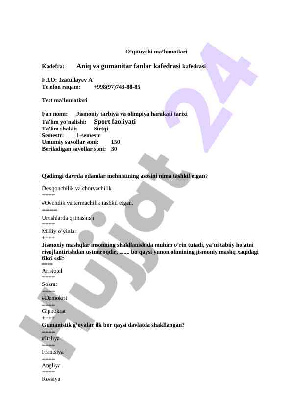 Jismoniy Tarbiya Va Olimpiya Harakati Tarixi Testi