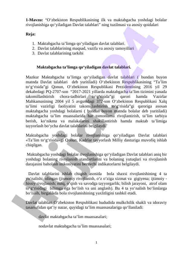 O‘zbekiston respublikasi maktabgacha ta’lim talablari