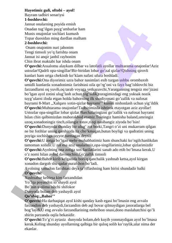 Xalqaro xotin-qizlar bayrami tadbir senariysi