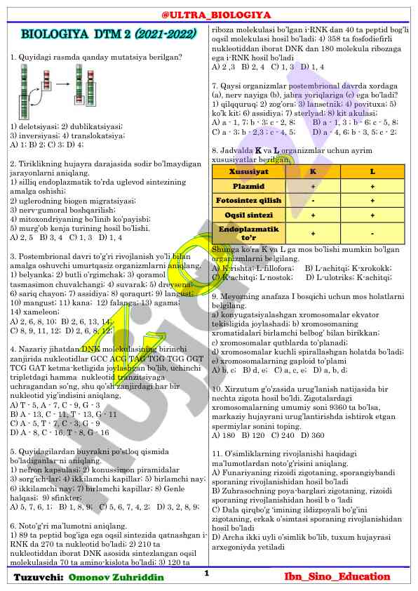 Mutatsiya va tiriklik darajalari bo'yicha test