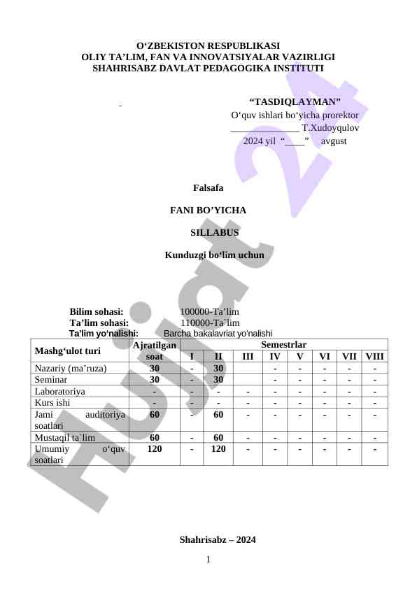 Falsafa fani bo‘yicha sillabus 2024-2025