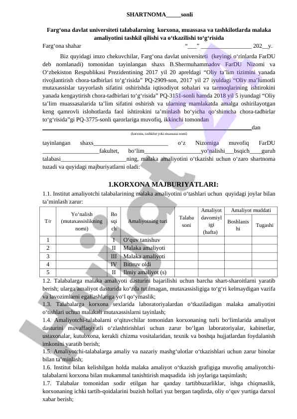 Malaka amaliyotini tashkil qilish tartibi