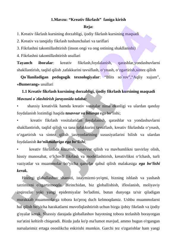 Kreativ fikrlash faniga kirish kursi